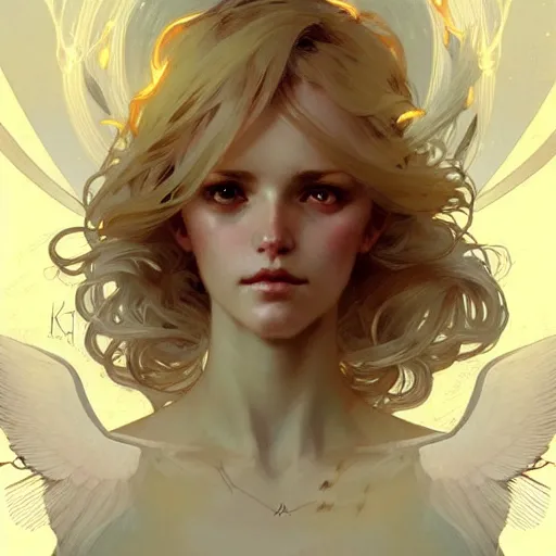 Image similar to An angelic girl with blonde hair and glowing halo surrounded by crows, fantasy, intricate, elegant, highly detailed, digital painting, artstation, concept art, smooth, sharp focus, illustration, art by Krenz Cushart and Artem Demura and alphonse mucha