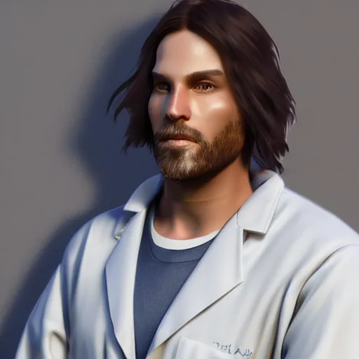 Prompt: A portrait of Rick Sanches wearing a lab coat, digital art, trending on artstation andand unreal engine