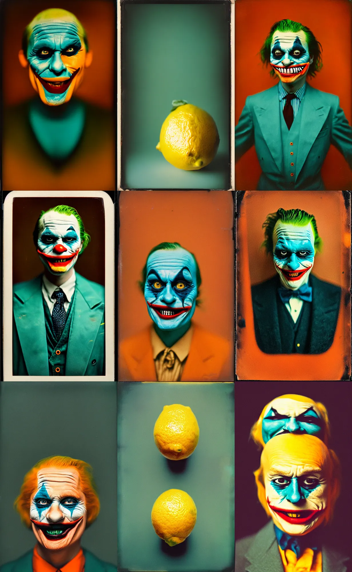 Image similar to kodak portra 4 0 0, wetplate, 8 k, shot of a highly detailed, britt marling style, colour still - life portrait of a lemon looks like 1 9 9 9 joker, teal and orange, muted coloures