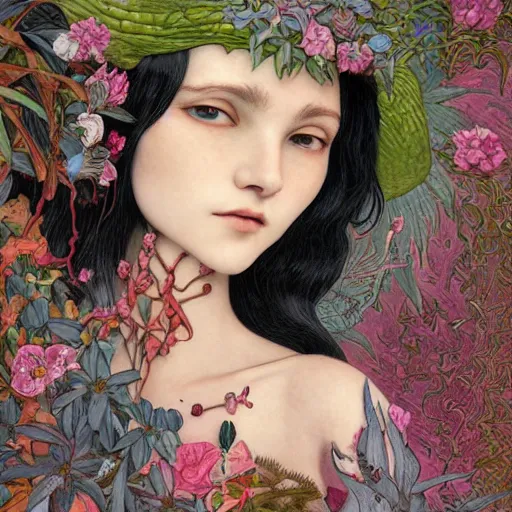 Prompt: marceline the vampire queen, exterior botanical garden, portrait face, colorful, frantisek kupka, intricate, miles johnston, kuroda seiki, cynical realism, ozabu, john william godward, painterly, yoshitaka amano, moebius, miles johnston, louise zhang, james jean, mark ryden lowbrow pop surrealism art style