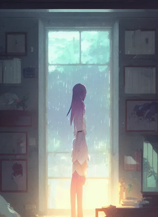 Image similar to interior, near the window, rainy outside, illustration concept art anime key visual trending pixiv fanbox by wlop and greg rutkowski and makoto shinkai and studio ghibli