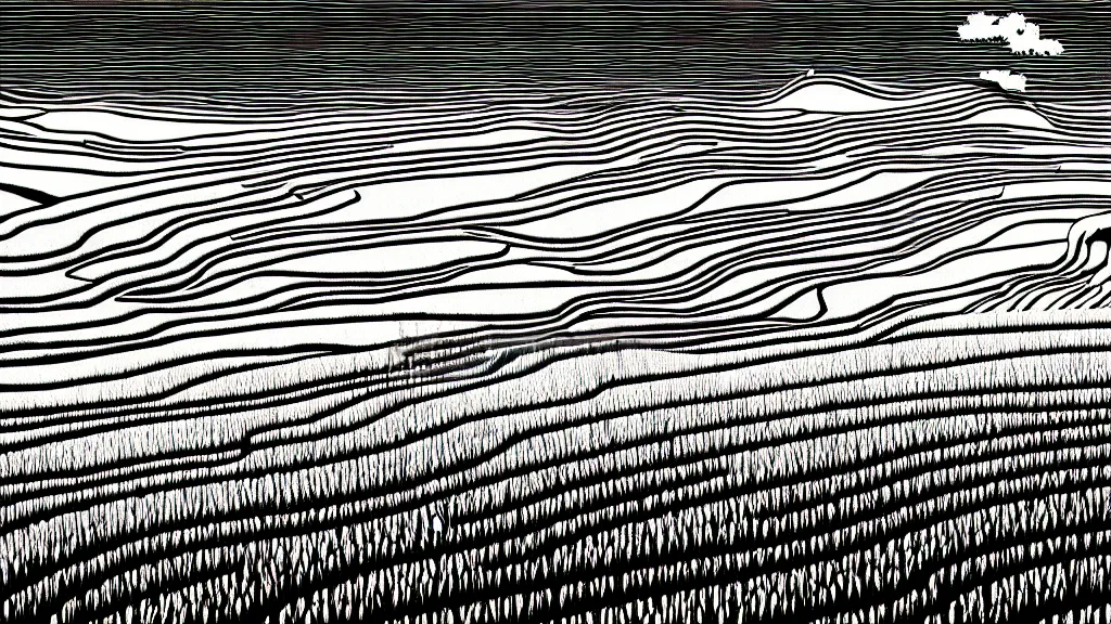 Image similar to dramatic landscape of rice fields of toyama, japan, a collage painting, in the style of wes anderson, lola dupre, david hockney, isolated on negative white space background dark monochrome neon fluorescent spraypaint accents volumetric octane render