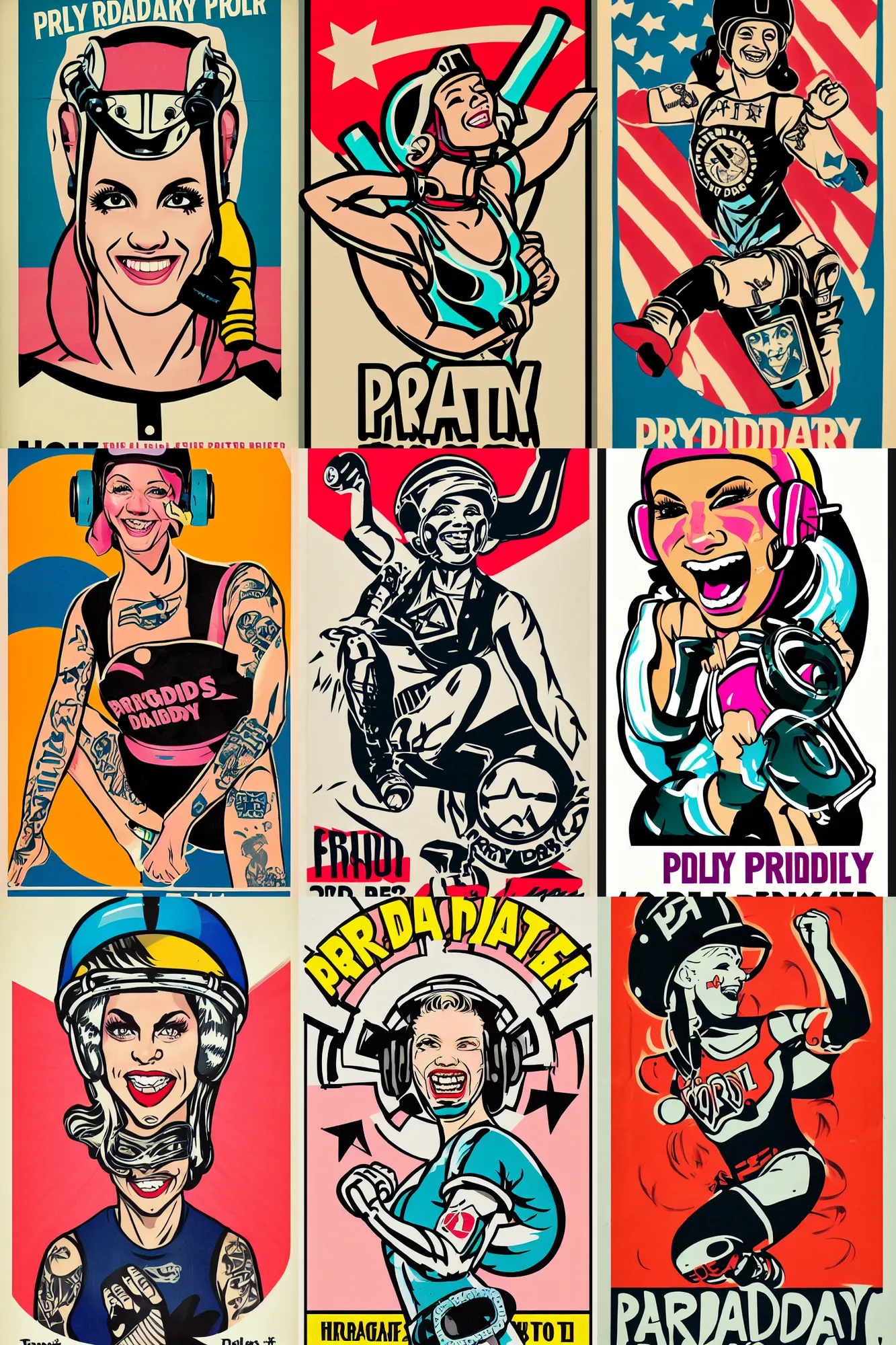 Prompt: propaganda poster, pretty roller derby girl, wearing roller derby helmet, tattoos, smile