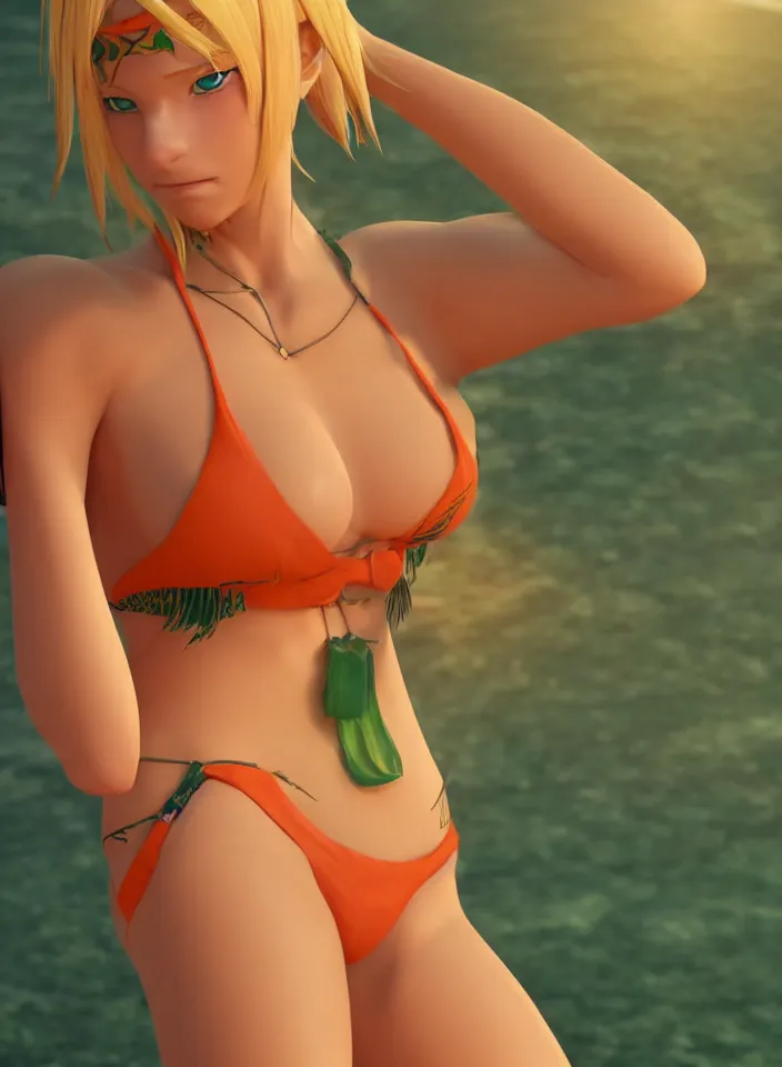 Image similar to beautiful blond woman in orange tribal bikini, blond hair pulled back off the face, green eyes, by makoto shinkai, 8 k, high resolution render, cinematic, unreal engine, clean lineart and flat color,