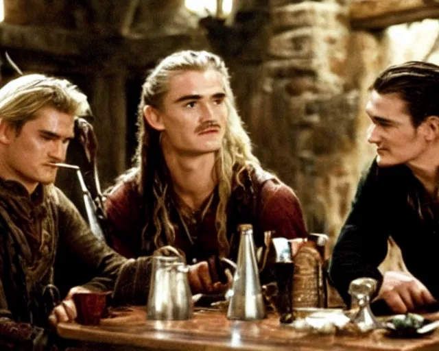 Image similar to Will Turner and Legolas drinking cola in the pub, film still, high detail