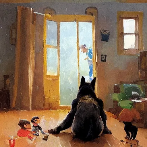 Image similar to a humanoid german shepherd beast - man, sitting and watching a soccer match in his house on television, he has hurt his knee and is a dad, by erin hanson, alexi zaitsev, karl spitzweg, award winning, tv set