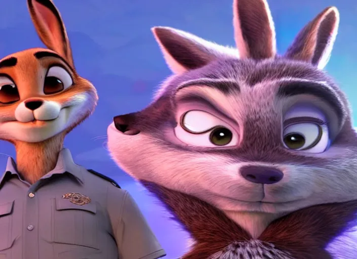 Image similar to Mr. Wolf from Bad Guys is being arrested by Judy Hopps from Zootopia. 3D pixar animation frame