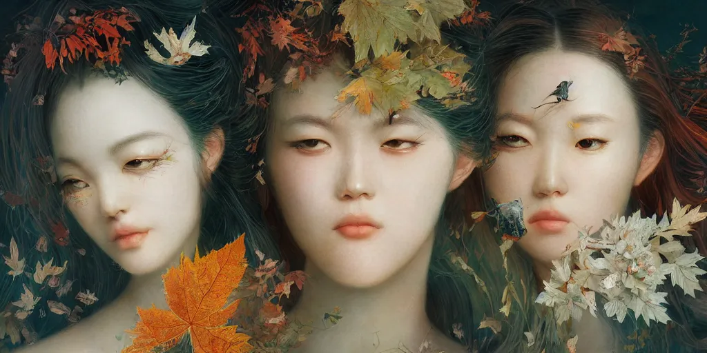 Prompt: breathtaking detailed concept art painting blend of two goddess of autumn leaves by hsiao - ron cheng with anxious piercing eyes, vintage illustration pattern with bizarre compositions blend of flowers and fruits and birds by beto val and john james audubon, exquisite detail, extremely moody lighting, 8 k