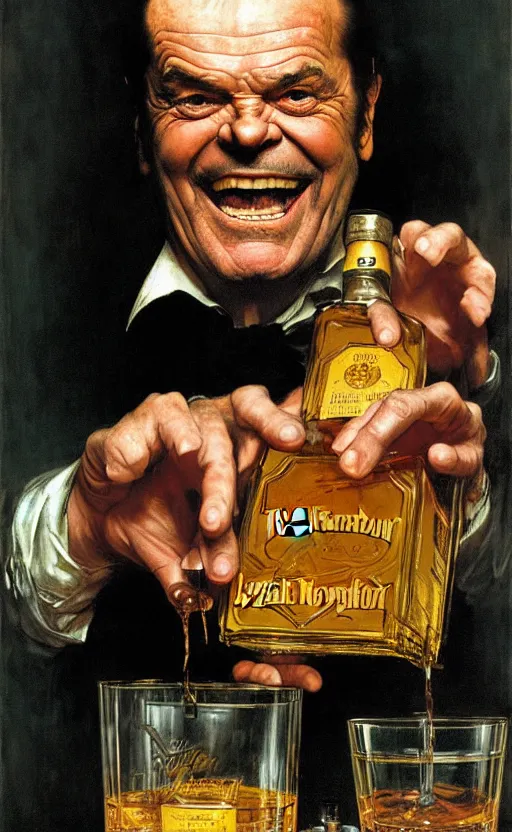 Prompt: illustration of jack nicholson inside a bottle of whiskey, by norman rockwell, roberto ferri, daniel gerhartz, edd cartier, jack kirby, howard brown, ruan jia, tom lovell, jacob collins, dean cornwell