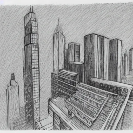 Image similar to a pencil sketch of 2 people, sitting on the edge of a building, looking away from the camera, tall rectangular buildings in the background, planes flying overhead