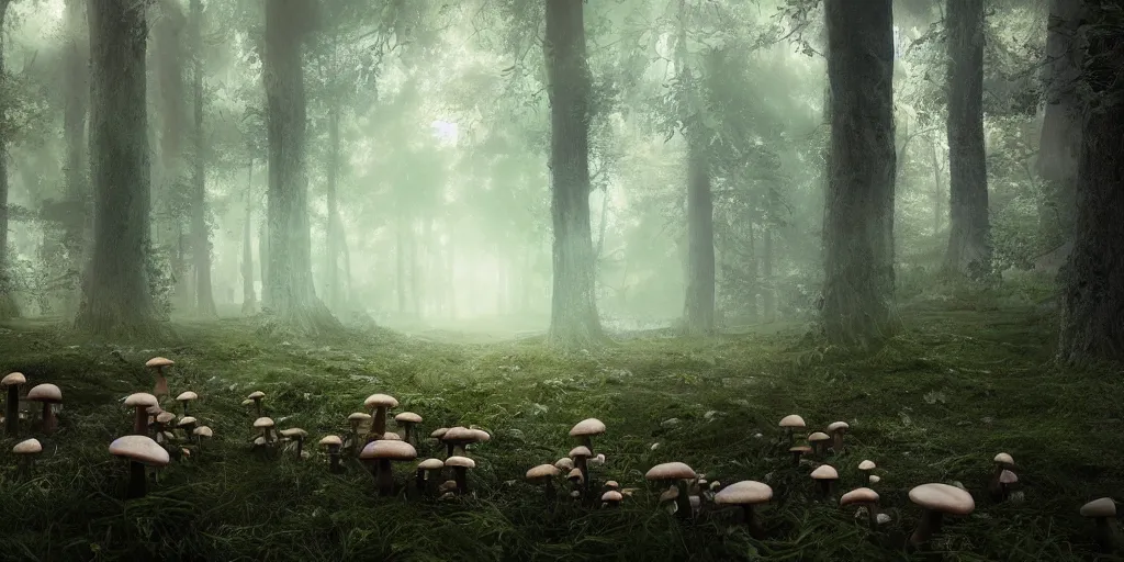 Image similar to forrest full of mushrooms, superwide angle, light through the mist, dramatic lighting, photorealistic, cinematic lighting, high detail, cinematic feel, high octane, 4 k, unreal engine, digital render, intricate, ultra realistic, concept art