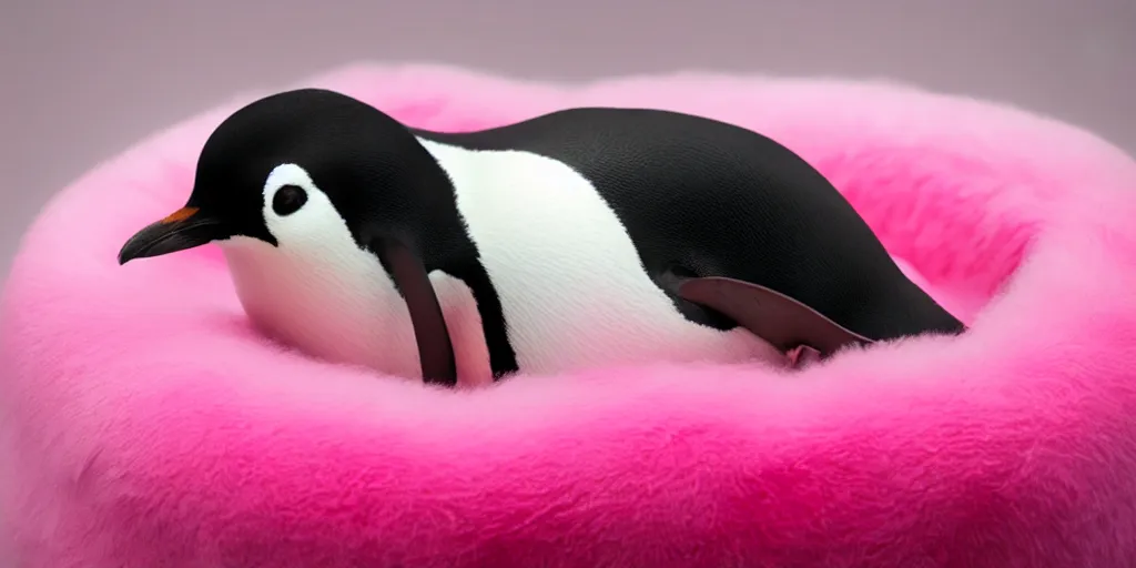 Image similar to realistic penguin sitting in an pink fluffy bed waving