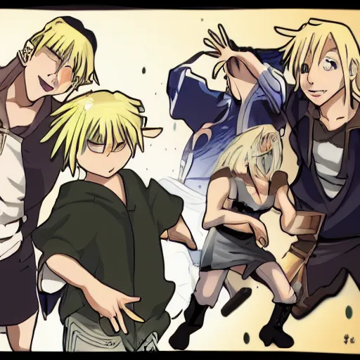 Prompt: young blonde boy fantasy thief in a tavern surrounded by a diverse group of friends, full metal alchemist, anime style