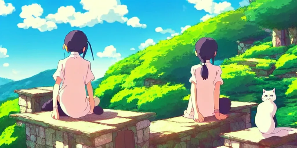 Image similar to the girl and the cat, sitting on stairs. morning in a small village in the mountains, rocky roads, beautifull puffy clouds. anime, studio ghibli. intricate, beautiful, cinematic