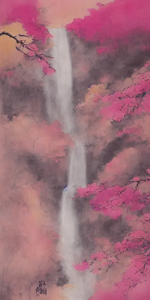 Prompt: an endless waterfall, golden pink splash, painted with a thin brush, detailed sumi-e illustration