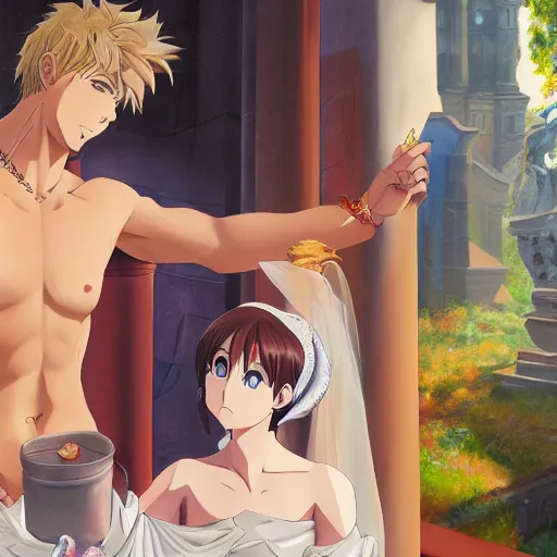 Image similar to a oil painting of the marriage between a modern god and a modern goddess in the style of slice of life anime Photorealistic HD 8k highlights and shadow detailed High Resolution