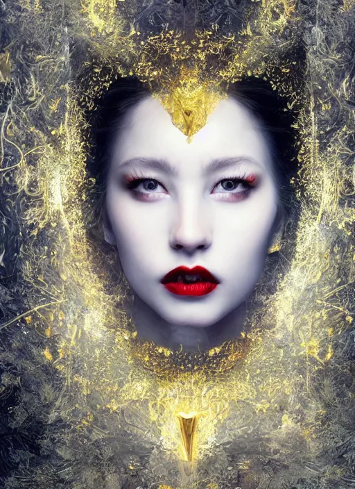 Image similar to white moon, glowing silver and golden elements, full close-up portrait, young female model from shutterstock as a dark witch, book cover, green forest, red lips, establishing shot, extremly high detail, photo-realistic, cinematic lighting, pen and ink, intricate line drawings, by Yoshitaka Amano, Ruan Jia, Kentaro Miura, Artgerm, post processed, concept art, artstation, matte painting, style by eddie, raphael lacoste, alex ross