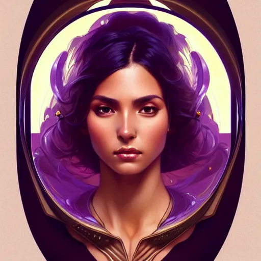 Image similar to Portrait of very very very very very very beautiful Latina woman, spacesuit, purple eyes, intricate, elegant, highly detailed, digital painting, artstation, concept art, smooth, sharp focus, illustration, art by artgerm and greg rutkowski and alphonse mucha