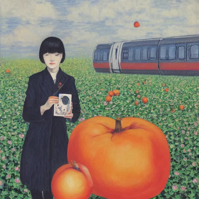 Image similar to tall emo girl artist holding small portraits and a persimmon, on shinkansen in tokyo, shinagawa station, pigs, octopus, acrylic on canvas, surrealist, by magritte and monet