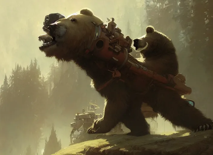 Prompt: a bear with a giant cannon in the back, elegant, technology, highly detailed, digital painting, artstation, concept art, smooth, sharp focus, illustration, art by krenz cushart and artem demura and alphonse mucha