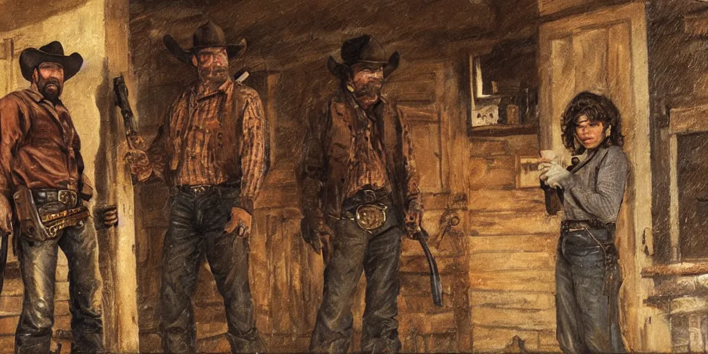Prompt: in an old west cabin, close up shot a rugged, Dave Bautista cowboy standing ((alone)) at the fireplace and Mila Jovovich ((alone)) in the doorway, in the style of Fredrick Remington, oil painting