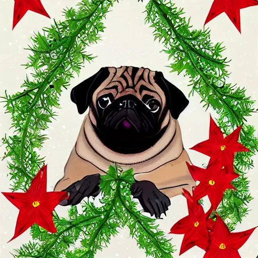 Image similar to christmas card, pug black infront of leg, high beauty vine, artstation, ample lighting, flower mosaic, dna, intense fantasy