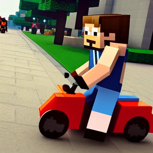 Image similar to Steve from Minecraft riding a red motorcycle in the street , ultra realistic photo, real
