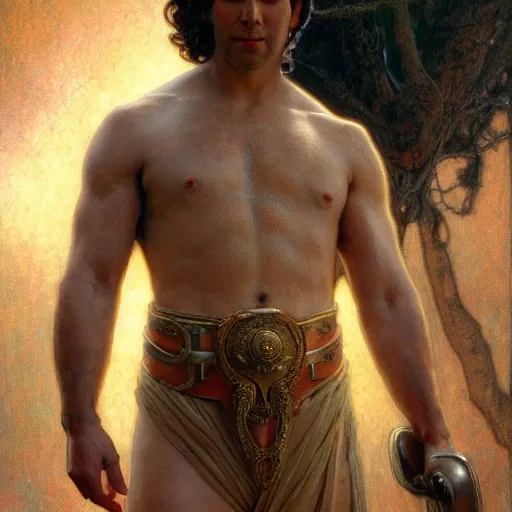 Image similar to full body portrait muscular paul rudd as the biblical adam, natural lighting, path traced, highly detailed, high quality, digital painting, by gaston bussiere, craig mullins, alphonse mucha j. c. leyendecker