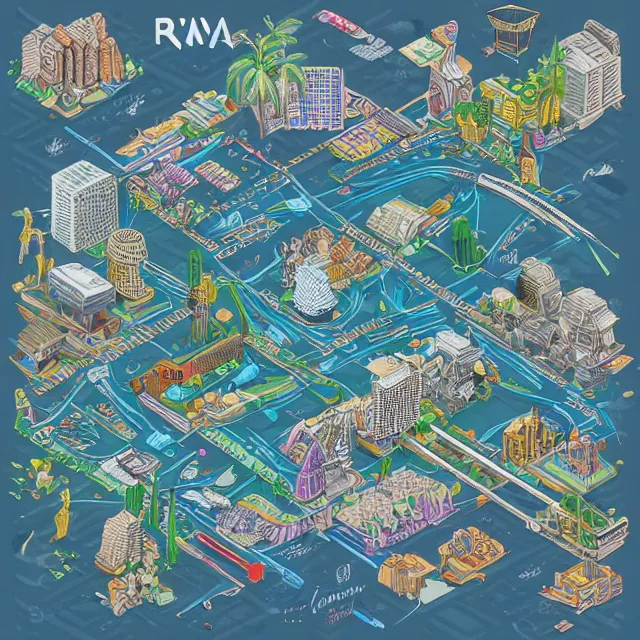 Image similar to a highly detailed hand drawn isometric game map illustration of cyberpunk Rio de Janeiro