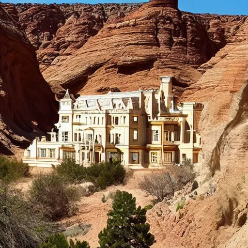 Prompt: a large, victorian mansion covered in sand in a humongous canyon. surreal, dream like