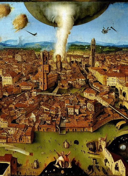 Prompt: Florence on fire, wildfire, Medieval painting by Jan van Eyck, Hieronymus Bosch