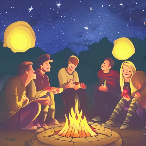 Image similar to A group of friends sit around a campfire, telling stories and laughing, the flames crackling and the stars shining bright overhead, as they enjoy each other's company on a clear night.