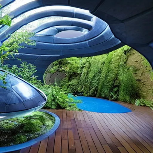 Image similar to a large curvilinear futuristic room made of blue slate, startrek style, filled with plants, vegetation, rocks and a swimming pool.