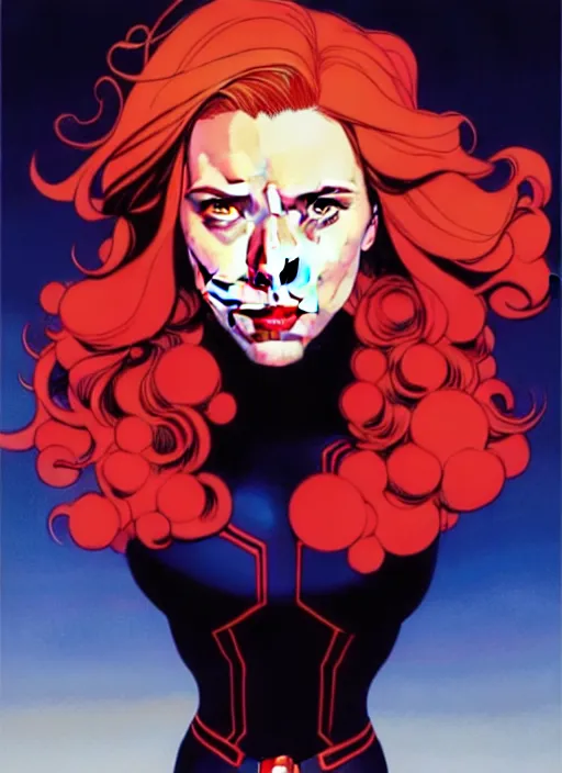 Image similar to rafeal albuquerque comic art, joshua middleton comic art, artgerm, cinematics lighting, night time, pretty scarlett johansson black widow, big smirk, symmetrical face, symmetrical eyes, long red hair, full symmetrical body, flying in the air, jumping off rooftop