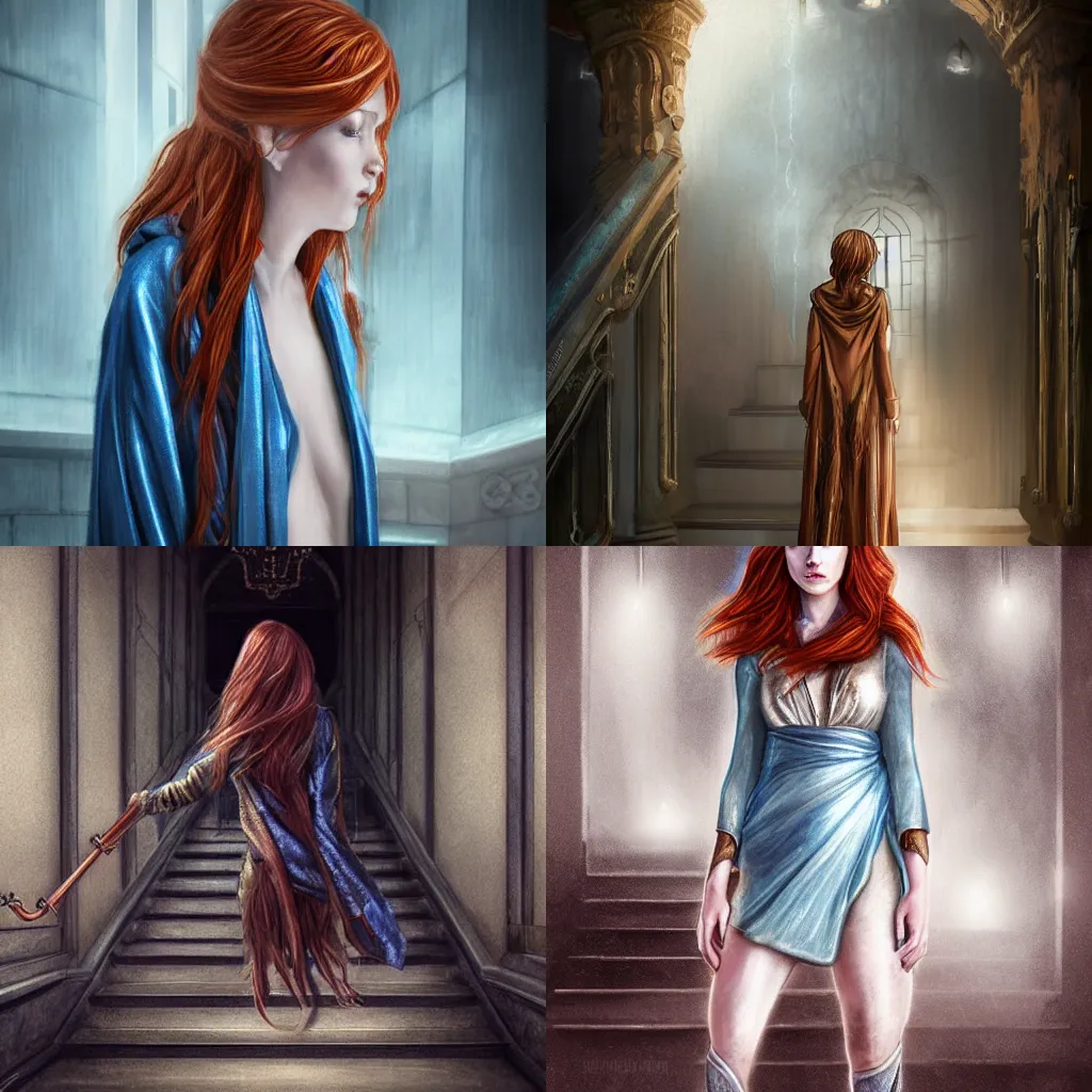 Prompt: maiden with copper hair, in blue and silver rustic wedding robes with metallic inlays, walking down a marble stairwell, realistic, mysterious lighting, muted colors, fog, highly detailed, digital painting, Artstation trending, illustration, art by deviantart artists skfuu and skunkyfly and nixeu