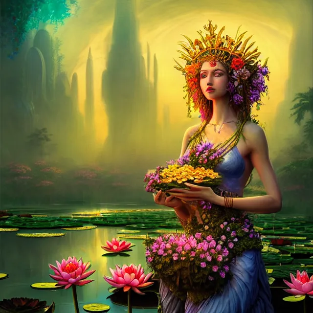 Prompt: Beautiful 3d render of the flower queen goddess holding flowers near a pond full of lotus, atmospheric lighting, painted, intricate, volumetric lighting, beautiful, rich deep colours masterpiece, sharp focus, ultra detailed, in the art style of Dan Mumford and marc simonetti, with a clear crowded futuristic cyberpunk dubai city in the background, astrophotography