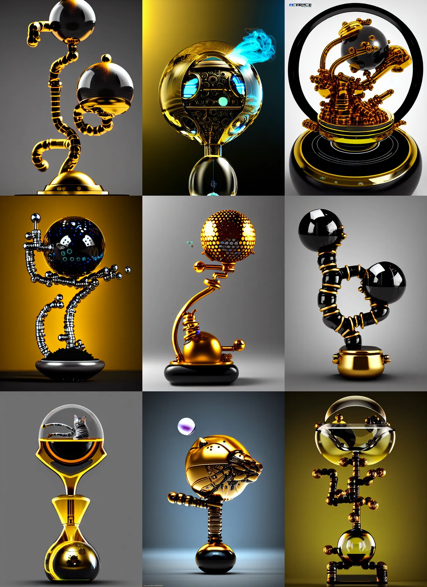 Prompt: cybernetic biotech obsidian cat edm bonsai smoking golfball bong | exotic jewelry | glamorous oily soft polished rich ornate modern | weta disney movie still photo | hi - fructose, sci fi fantasy, golden ratio, smooth, octane render, sharp focus, artstation, concept art | beeple, mucha, rutkowski, feng zhu |