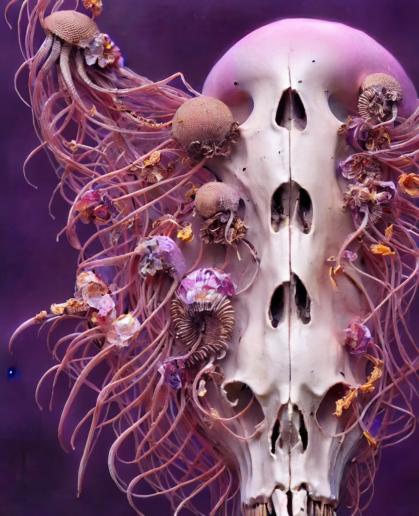 Image similar to goddess princess face close-up portrait ram skull. jellyfish phoenix head, nautilus, orchid, skull, betta fish, bioluminiscent creatures, intricate artwork by Tooth Wu and wlop and beeple. octane render, trending on artstation, greg rutkowski very coherent symmetrical artwork. cinematic, hyper realism, high detail, octane render, 8k