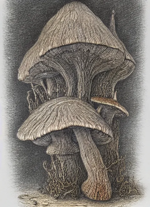 Image similar to a hybrid between a mushroom and a house,, insanely detailed, studio light, gustav dore, colored pencil