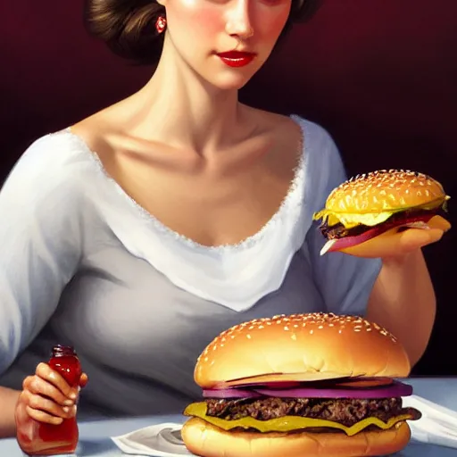 Prompt: portrait of Barbara Bush eating hamburgers, extra onions and ketchup, luscious patty with sesame seeds, feminine ethereal, handsome, D&D, fantasy, intricate, elegant, highly detailed, digital painting, artstation, concept art, matte, sharp focus, illustration, art by Artgerm and Greg Rutkowski and Alphonse Mucha