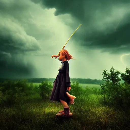 Prompt: young girl playing flute, birch forest clearing, storm at night, lightning dragons attack, low angle facing sky, cinematic, dramatic lighting, big storm clouds, high contrast, artstation, ghibli, hosada