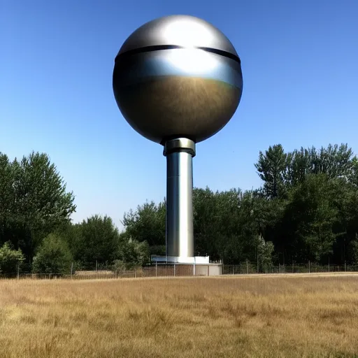 Prompt: a silver water tower. 1 0 feet behind the water tower is a reflective sphere. the sphere is 1 1 5 feet tall. the water tower is 5 0 feet tall. the water tower is 2 0 feet above the ground. the camera light is black. the ground is transparent. below the water tower is a small 6 0 % dim blue light.