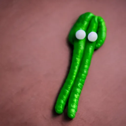 Image similar to mister bean as a green string bean with a face. dslr