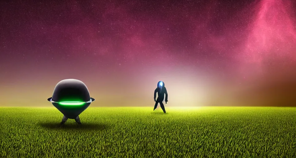 Image similar to Alien UFO abducting man in the middle of a field at night, atmospheric, illuminated by green tractor beam, cinematic landscape