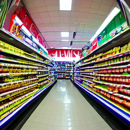 Image similar to supermarket aisles, shoppers, fisheye lens, color, fluorescent lighting,