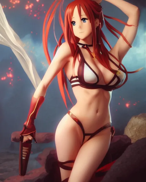 Image similar to pinup photo of asuna from sao in flame dungeon, asuna by a - 1 pictures, by greg rutkowski, gil elvgren, enoch bolles, glossy skin, pearlescent, anime, very coherent, maxim magazine, 3 d, vray, unreal 5, octave rendey, maya, cgsociety