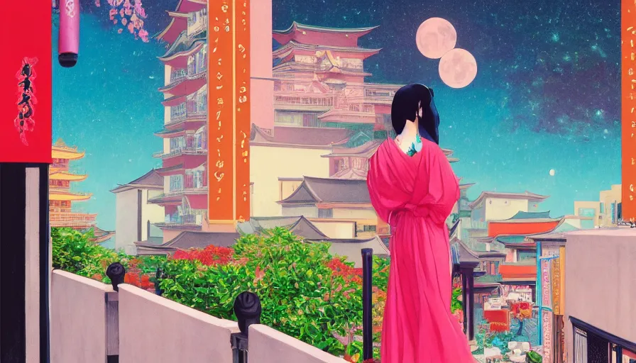 Prompt: a vibrant dream of a beautiful girl wearing gucci from behind on a balcony looking out over a dreamy street in kyoto japan, lush plants, the moon is big an in the city, glowing paper lanterns, high fashion, magic details, by moebius, edward hopper, james gilleard, and james jean, hd, 8 k, trending on artstation, uhd,