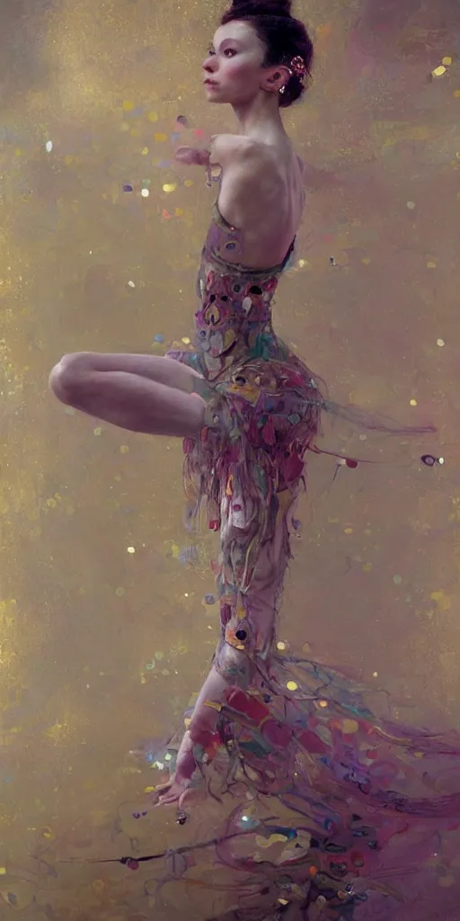 Image similar to an intricate portrait painting of an artistic pose young beautiful ballerina, klimt golden motives and textures, hyper - detailed, octane render, vivid colors, artstation, by jeremy mann, by gustav klimt