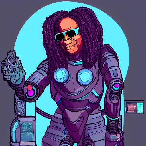 Image similar to cyberpunk robotic whoopi goldberg, sharp lines, digital, artstation, colored in