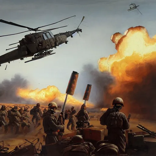 Prompt: a painting of soldiers taking down a helicopter using a rocket launcher in the gulf war by Bernardo Bellotto, high detail, hyperrealistic, concept art, artstation, 8k